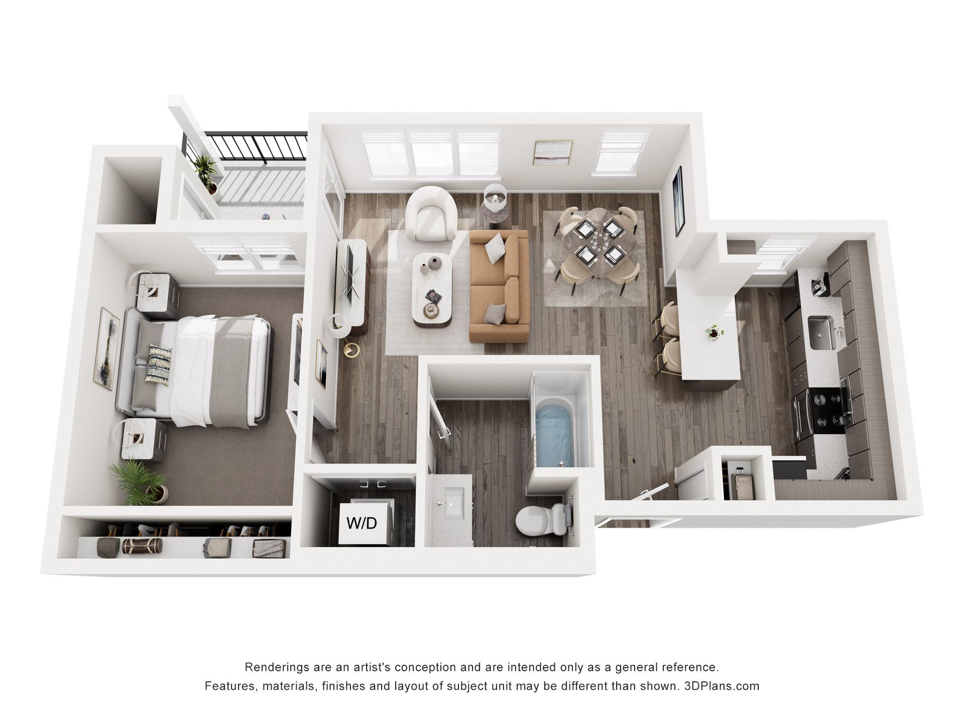 Floor plan for 1 bed, 1 bath, 737 sqft